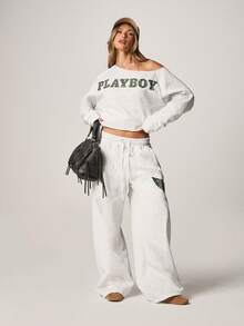 Missguided x Playboy Women's Bunny Logo Wide Leg Joggers Sweatpants With Drawstring Waist And Side Pockets For Casual Loungewear And Everyday Comfort - Light Grey - View 3