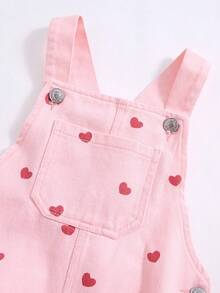 SHEIN 女童夏季蓝色牛仔连体裤，新款时尚爱心印花设计，休闲舒适柔软牛仔连体裤 - 杏色 - 查看 7