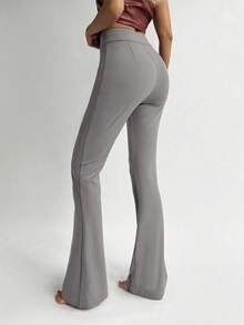 Aloruh Women's Autumn/Winter New High Waist Flare Leg Maxi Pants, Wine Red - Grey - View 2