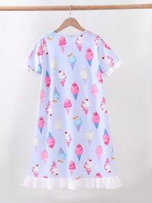 Girls Cute Style Light Blue Ice Cream Pattern Short Sleeve Ruffle A-Line Nightgown - Baby Blue - View 2