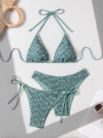 Aveloria Modichic Knitted Holiday Party Outgoing Beach Textured Ribbed Spaghetti Strap New Year Sexy Beach Dress, Winter Christmas Viral Wireless Elegant Summer Women 3-Piece Triangle Cup Black Polka Dot Bikini Swimwear