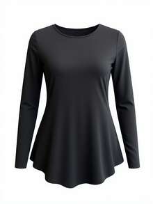 女士黑色不对称下摆长袖 T 恤 - 黑色 - 查看 1