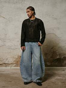 PAVTROS 男士长袖圆领T恤，镂空面料，宽松版型 - 黑色 - 查看 3