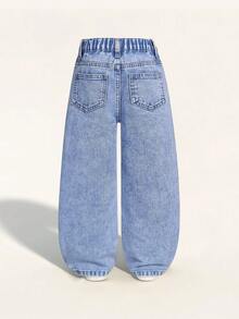 SHEIN Casuvi Kids 少女寬鬆牛仔褲 中洗藍色 返校季夏季街頭風 Y2K 不對稱彈性腰 水鑽裝飾 寬鬆直筒棉質丹寧 - 淺藍色 - 查看 2