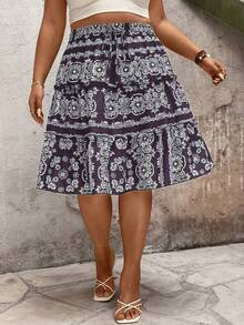 EMERY ROSE Plus Size Holiday Frill Trim Colorblock Drawstring Casual Skirt - Purple - View 6