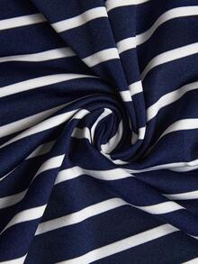 Zelara Plus Size Embroidered Casual Striped Polo Collar Dress Elegant - Blue and White - View 9