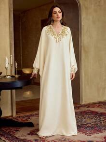 ZEYLAH WOMEN'S EMBROIDERED SEQUIN BEADED V-NECK BATWING SLEEVE LOOSE ARABIC STYLE DRESS - Apricot - View 8