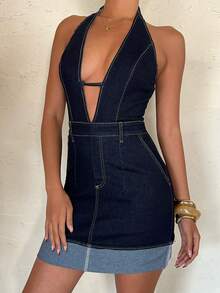 Aloruh 女士时尚露背吊带牛仔连衣裙，夏季 - 藍色 - 查看 1