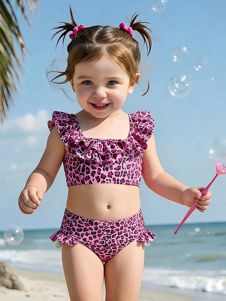 Nuevo conjunto de bikini de 2 piezas con volantes y estampado de leopardo que cubre por completo para niñas bebé de moda - Rosa Fucsia - Ver 1