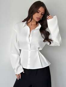 Firerie Women's Chic White Elegant Office Long Sleeve Blouse,Minimalist Autumn Commute A-Line Peplum Hem Shirt,Plain Pleat Button Fitted Collared Blouse,Fall - White - View 8