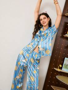 Striped Cosmic Star & Moon Print Satin Long Sleeve Collar Women Pajama Set - Blue - View 4