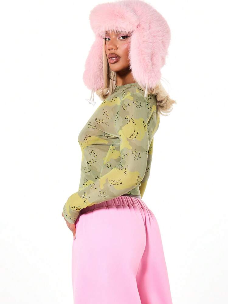 SUMWON WOMEN Camo Mesh Long Sleeve Top