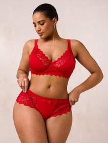 SHEIN BAE 2pcs Plus Size Lace Patchwork Underwire Bra & Panty Set, Lift - Red - View 4