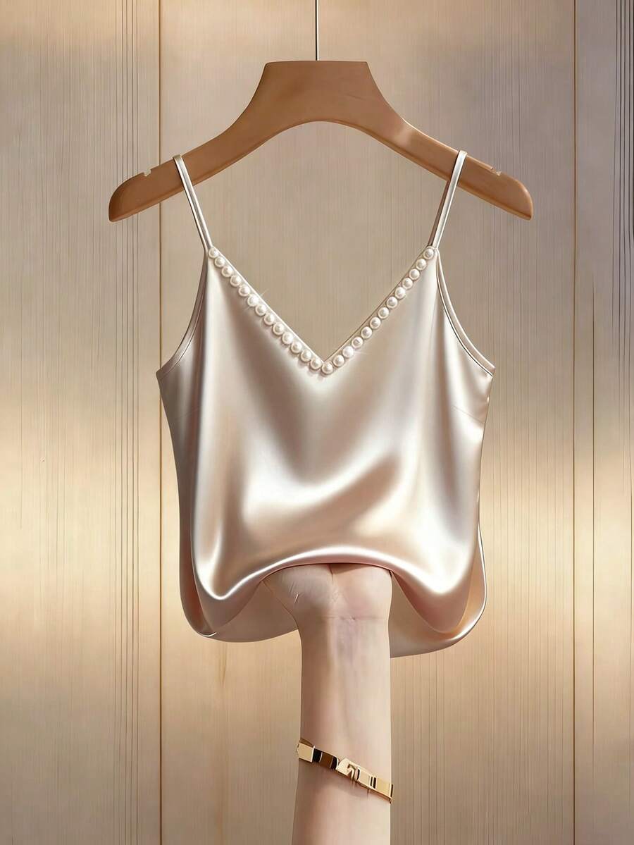 SHEIN Franclia 性感V领串珠醋酸纤维针织宽松吊带背心，适合海滩、度假、户外活动和通勤。 - 杏色 - 查看 1