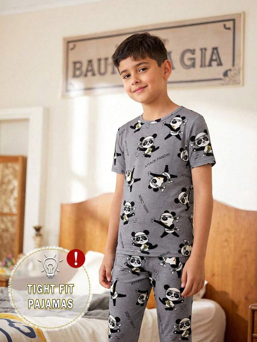 一套男童熊猫印花修身睡衣套装，圆领短袖上衣和长裤，春秋季 - 灰色 - 查看 1