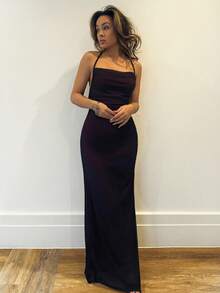 RebeccaVibe Vintage Sexy Mesh Slit Drawstring V-Neck Dress - Black - View 3
