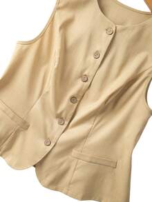SHEIN Clasi Conjunto de 2 piezas de talla grande con chaleco con botones delanteros y pantalones cortos, de estilo francés romántico retro y elegante para uso casual y de oficina - Amarillo - Ver 4