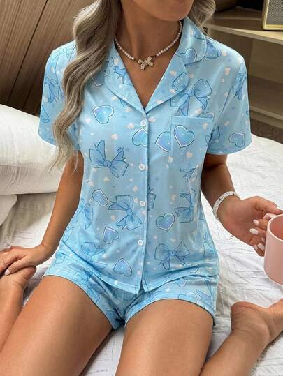 Girls Pajamas Set, Butterfly & Heart Print Short Sleeve Top And Shorts, Collared Button-Down Shirt With Shorts, Casual & Comfortable Summer Loungewear Light Blue Pj Set