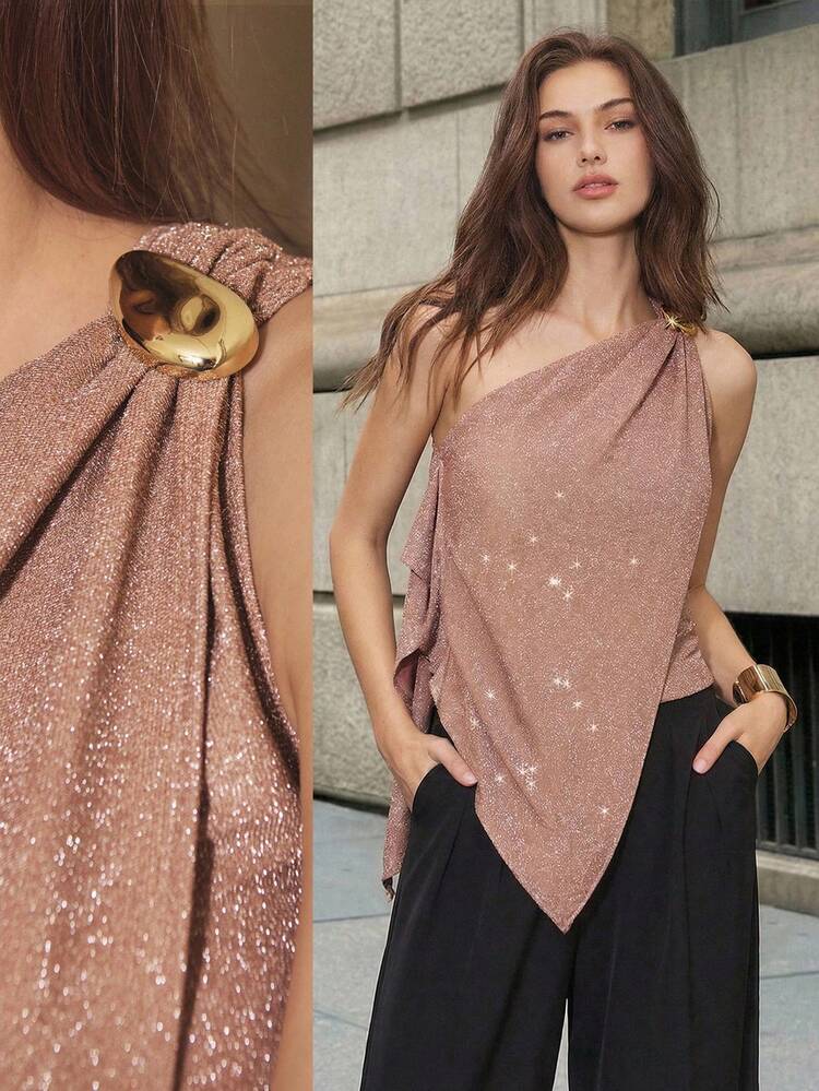 SHEIN Maija Blusa sin mangas de moda brillante con diseño de bajo asimétrico, textura brillante, especialmente elaborada para ambiente de fiesta. Adecuada para reuniones de Año Nuevo, citas de San Valentín y otras ocasiones festivas.