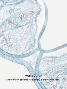 LUVLETTE Plus Woman Blue Lingerie Full Coverage Side Support&Breathable Underwire Sexy Unlined Lace & Mesh Sheer Minimizer Bra - Blue - View 9