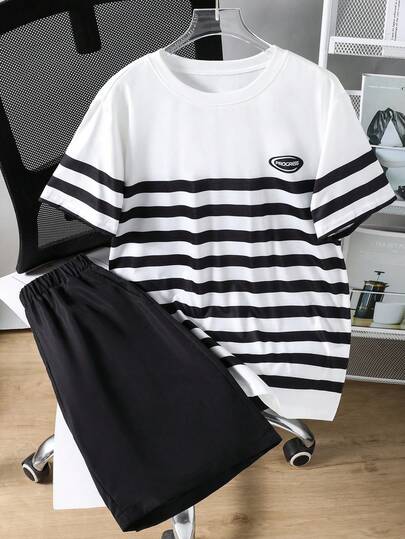 青少年男童字母条纹印花圆领短袖T恤和短裤休闲套装