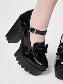 ROMWE Kawaii 女士哥特式漆皮厚底高跟鞋，朋克风格乐福鞋，单带、蝴蝶结和金属方扣装饰；性感女鞋，适合夜总会、派对和假日穿着。 - 黑色 - 查看 3