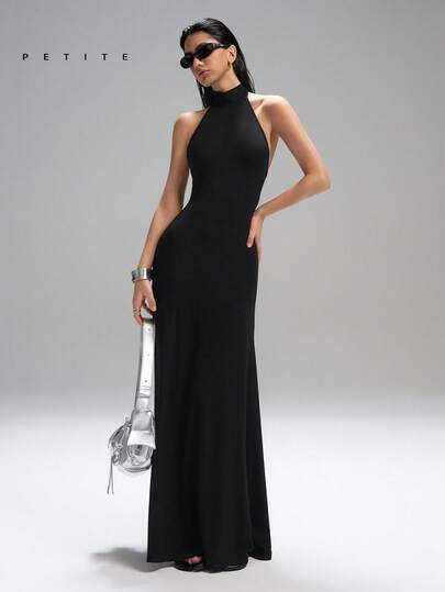 LYSMO Petite Women's Solid Color Backless Dress, Fashion Halter Neck  Women's Backless Deep V-Neck Sundress- Spring/Summer Vacation Going Out Outfits Valentine's Day Outfit  Summer Outfits For Women Elegant Dresses For Party Long Black Elegant Dress High Neck Dress Black Tie Dresses For Women