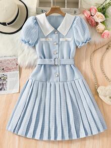 Vestido de niña preadolescente con textura de tela plisada, manga abullonada y botones delanteros a rayas - Azul - Ver 3