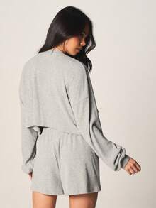 Missguided x Playboy Ribbed Henley Top And Shorts Lounge Set With Button Front Detail And Logo Print - Light Grey - View 2