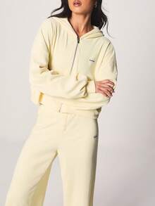 Missguided x Playboy Oversized Crop Zip Hoodie And Wide Leg Joggers Lounge Set Ribbed Knit Cozy Two Piece Matching Tracksuit For Comfort - Yellow - View 3