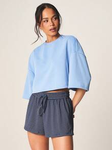 MISSGUIDED Camiseta Curta Oversized de Manga Curta com Ombros Caídos para Estilo Casual de Verão e Primavera - Azul - Visão 4