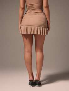MISSGUIDED Ruched Bodycon Mini Skirt With Ruffle Hem Detail High Rise Fitted Stretch Fabric Evening Party Club Wear - Khaki - View 6