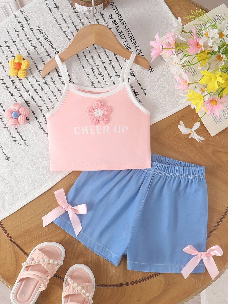 SHEIN 2pcs/Set Girls Toddler Outfit With Denim Shorts, Cute Casual Summer Set - Pink - View 1