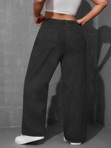 SHEIN ICON 大码纯色休闲牛仔裤 - 深灰色 - 查看 2