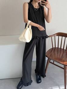 FRIFUL Women's Striped Ruffle Sleeveless Top And Wide Leg Pants Suit, Fashionable For Commuting And Office Wear - Black - View 3