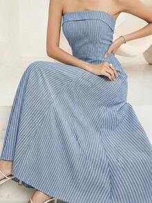 Heiryn 女士条纹抹胸连衣裙，优雅夏季长裙 - 藏蓝色 - 查看 6
