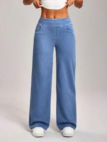 Flexra Plus Size Solid Color High Stretch Casual Straight Leg Versatile Daily Jeans - Blue - View 6