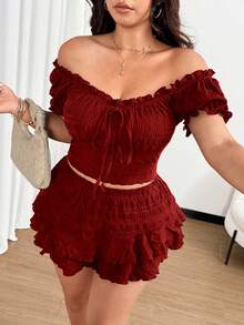 Flirla 大码性感露肩外出上衣和短裤两件套，蝴蝶结装饰，休闲海滩度假装 - 酒紅色 - 查看 2
