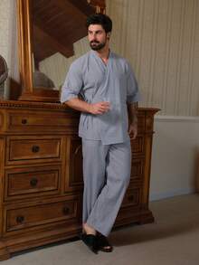 DAZY Men's Solid Blue Short Sleeve Shirt And Pants Pajama Set, Spring/Summer - Blue - View 5