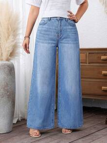 EMERY ROSE Plus Size Women Casual Washed Slant Pocket Loose Wide Leg Jeans - Light Wash - View 6