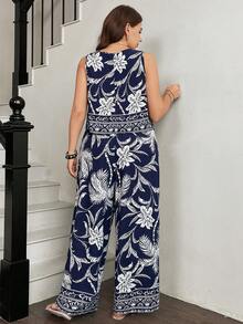 SHEIN LUNE Conjunto informal de top y pantalones de talla grande - Azul Marino - Ver 6