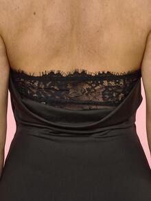 OverBlushhh Women's Halter Neck Maxi Stretch Black Dress With Drapped Deep V Neck, Lace Detail, High Slit, Bodycon Fit, Elegant Formal Event, Wedding Guest Dress, Sexy, Party, Date, Valentine's Day, Valentine, Birthday, Spring - Black - View 4