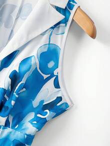 GlowEve Women's White And Blue Floral Sleeveless Deep V-Neck Contrast Color Lapel Wrap Waist Flared Maxi Dress,Summer Elegant Wedding Guest Resort Style - Multicolor - View 7