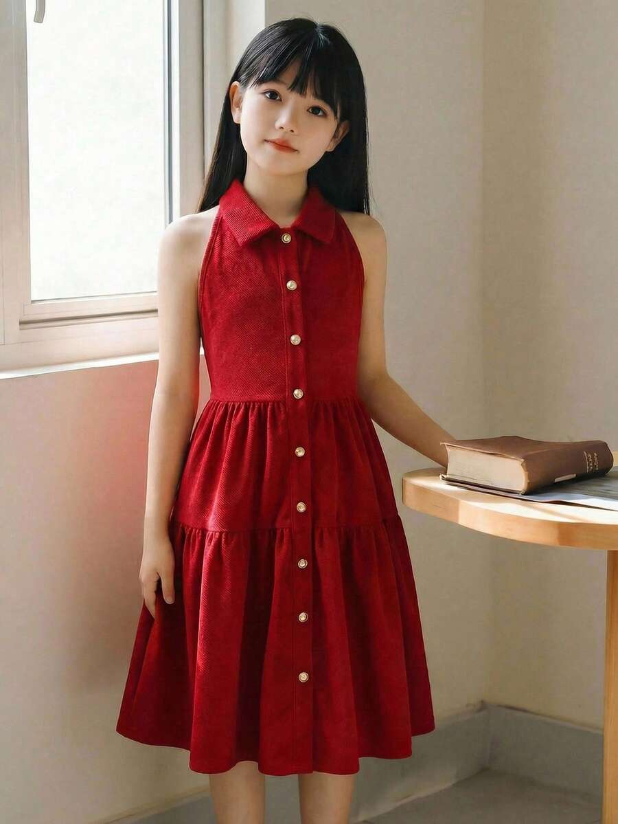 SHEIN Tween Girl Casual Solid Red Mandarin Collar Sleeveless Waist Flare Dress - Red - View 1