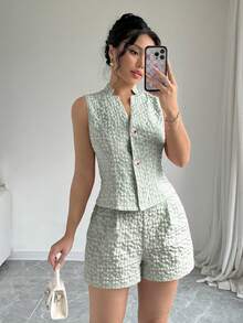 Selianne 女士夏季休闲度假通勤纯色提花无袖衬衫和短裤套装 - 橄欖綠 - 查看 5
