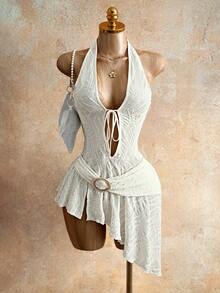 Mistrie Women's Sexy Backless V-Neck Lace-Up Halter Mini Dress With Asymmetric Hem, Suitable For Vacation, Date, Party, Music Festival - Apricot - View 5