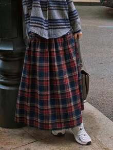 DAZY 女士休闲复古格子A字裙，秋季款 - 紅色 - 查看 5