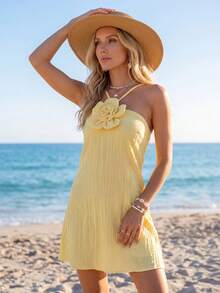 Sylviya Casual Women's 3D Flower Cream Yellow Halter Mini Dress Summer Outfits For Women Summer Dress Beach Dress Beach Outfit For Women Vacation Outfits Women Beach Vacation Outfits For Women Casual Dresses For Women Dresses For Women Vacation Outfits Women - Yellow - View 3