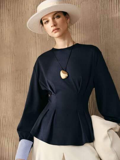 Arave 女士收腰落肩褶皱拼接设计休闲通勤衬衫