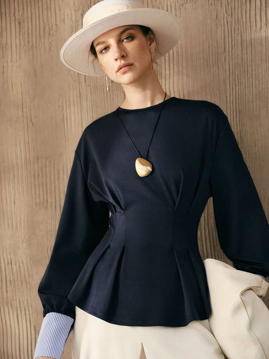 Arave 女士收腰落肩褶皱拼接设计休闲通勤衬衫 - 藍色 - 查看 1